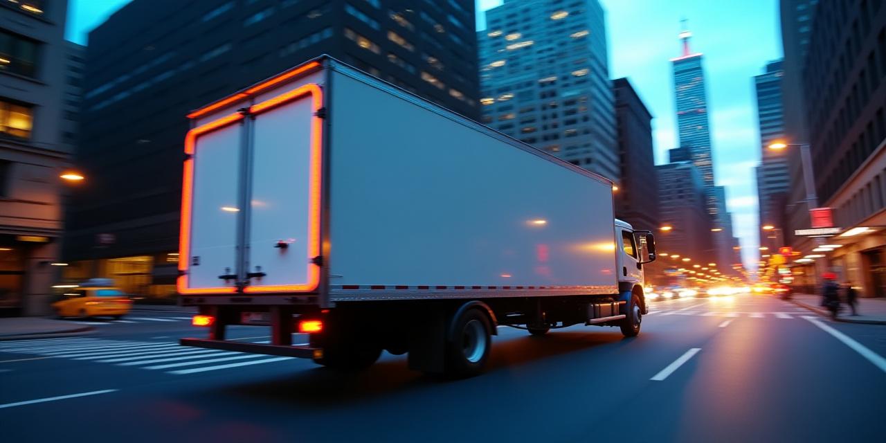 Refrigerated delivery truck traveling through New York at sunset